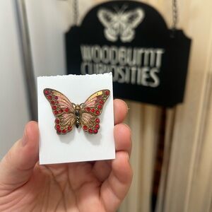 Vintage Gold With Pink Accent and Red stoned Butterfly Brooch